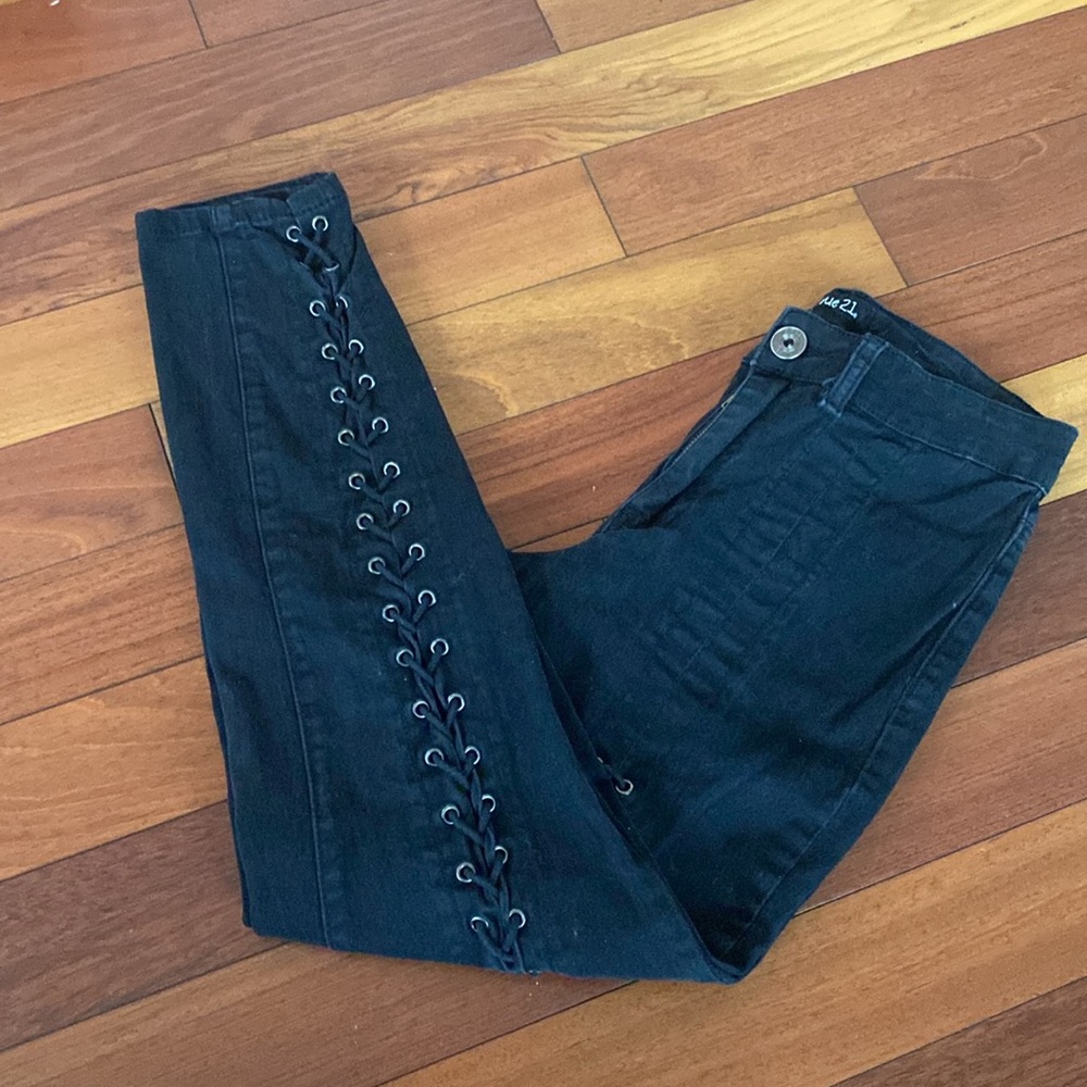 Rue21 Black Denim Lace up Front Jeans size 8 Emo
